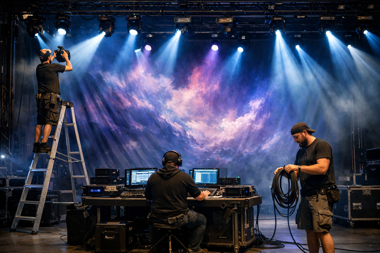 Eine entspannte Event-Crew, die auf einer Bühne arbeitet